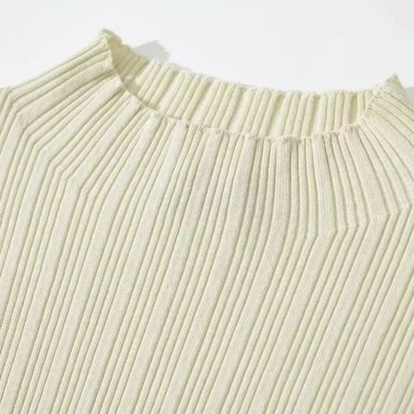 Cream Ribbed Knit High Neck Midi Dress - Picture 10 of 15